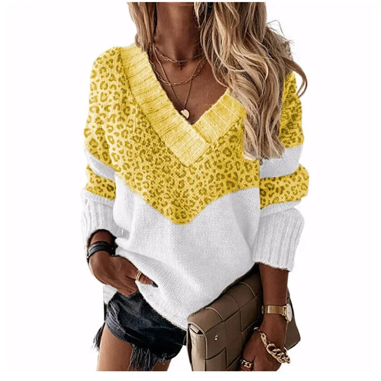 Women's Knitted V-neck Sweaters Stitching Contrast Color Long-Sleeved Knitting Top Pullover Autumn Winter Warm Female Jumper