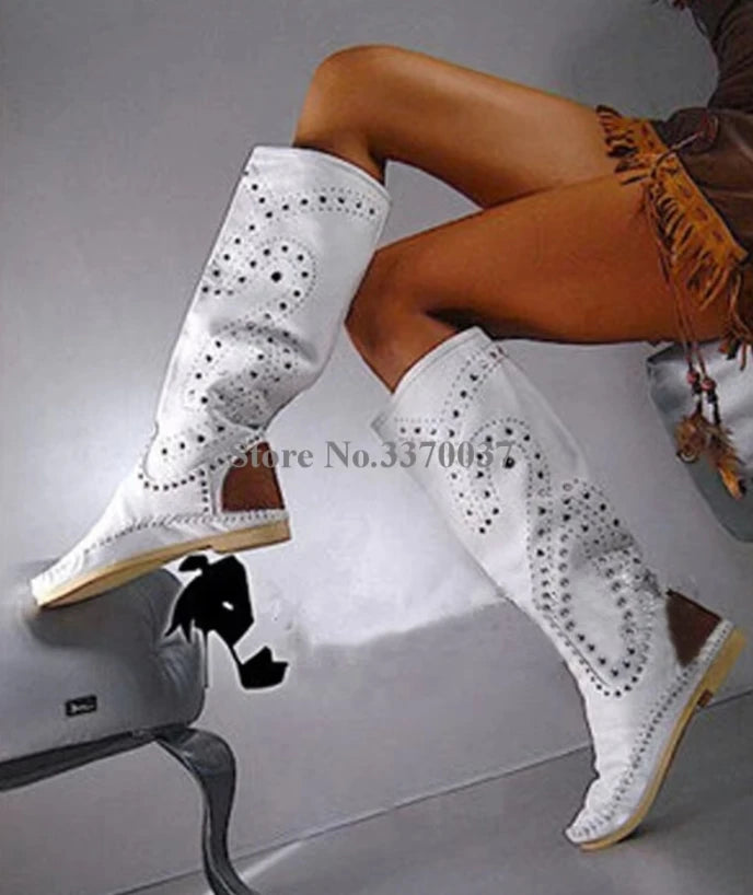 Women Hot Selling Yellow Suede Leather Round Toe Rivet Flat Boots Knee High Spike Comfortable Flat Boots Winter Boots