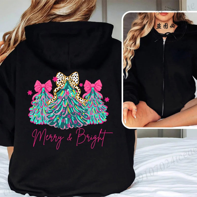 Women Men Oversize Merry Christmas Reindeer Print Zipper Hoodies Coat Tops Femme Zip Sweatshirts Christmas Party Jackets