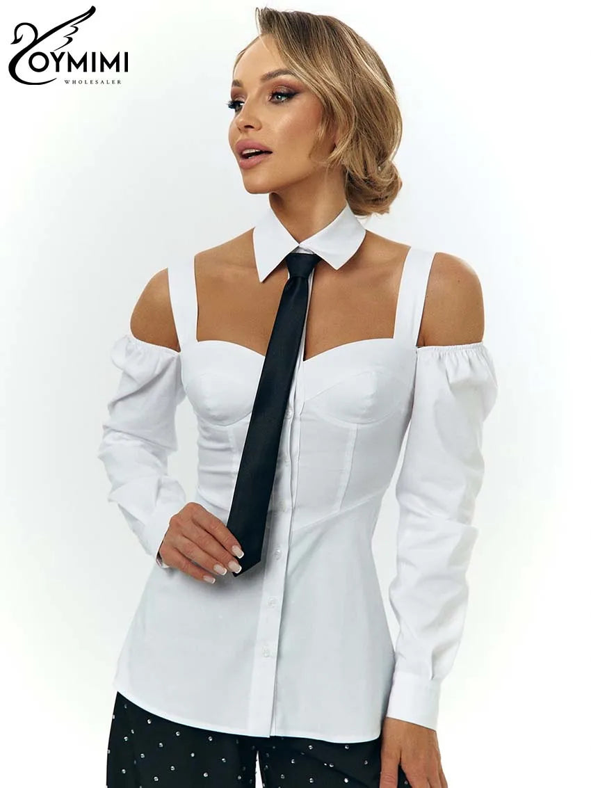 Women's Elegant White Lapel Shirts Long Sleeve Off The Shoulder Blouses Casual Slip Button Shirts Female Clothing