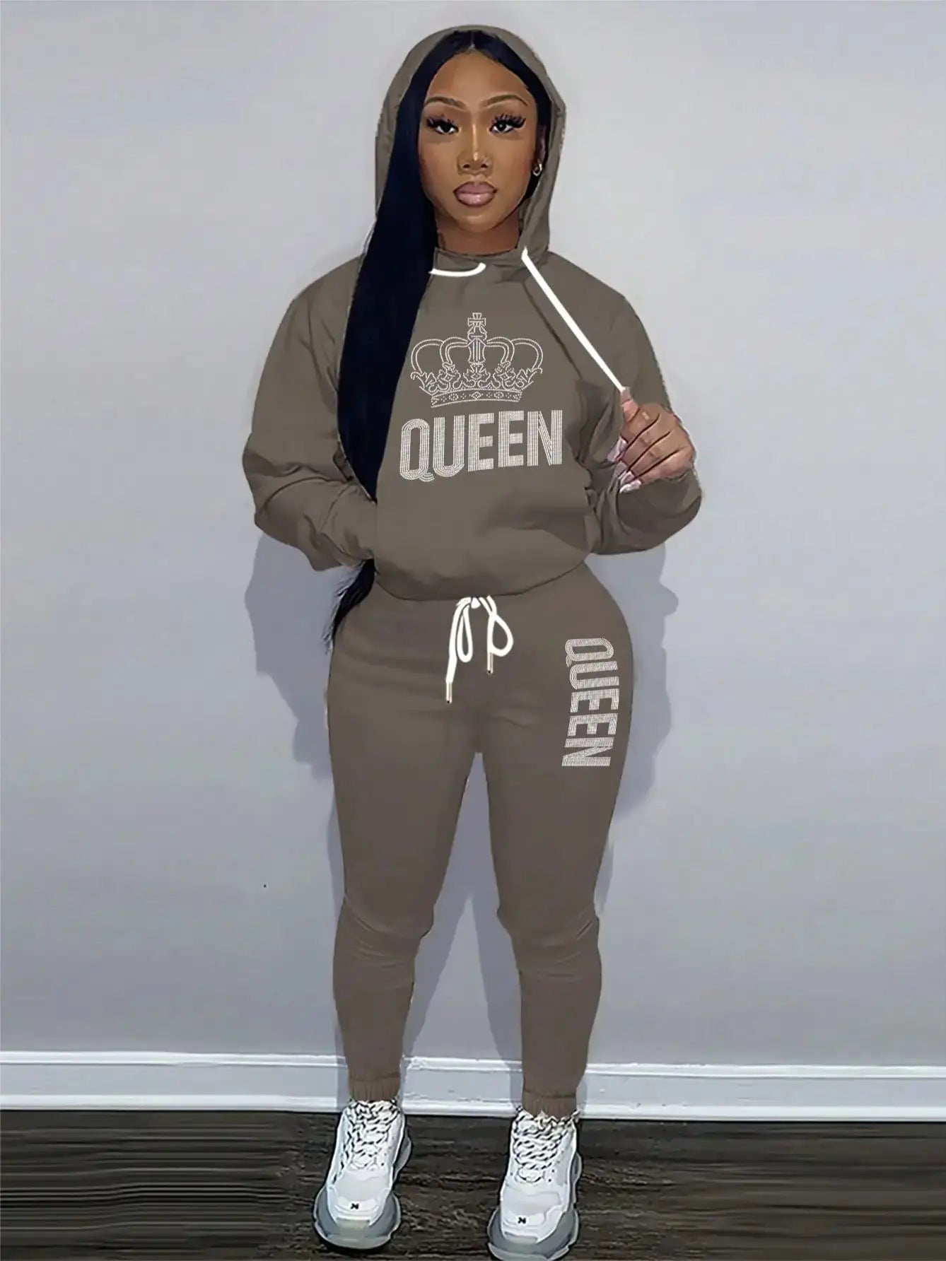 Queen's Big Crown Printed Hoodie Sets for women Street Hip Hop Clothing Casual Female 2pcs Clothing Plush sweatshirt Y2K Youthful
