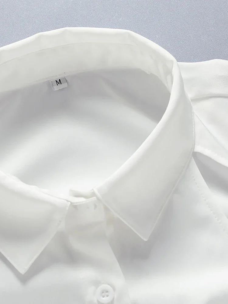 Women Elegant White Blouse Turn-down Collar Long Sleeve Lace Up Blouse Shirts