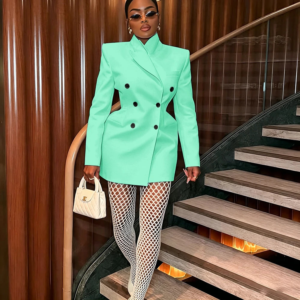Women's Elegant White Oversized Jacket Double Breasted Blazer Dress Elegant Formal Long 1 Piece Suit for Evening Party