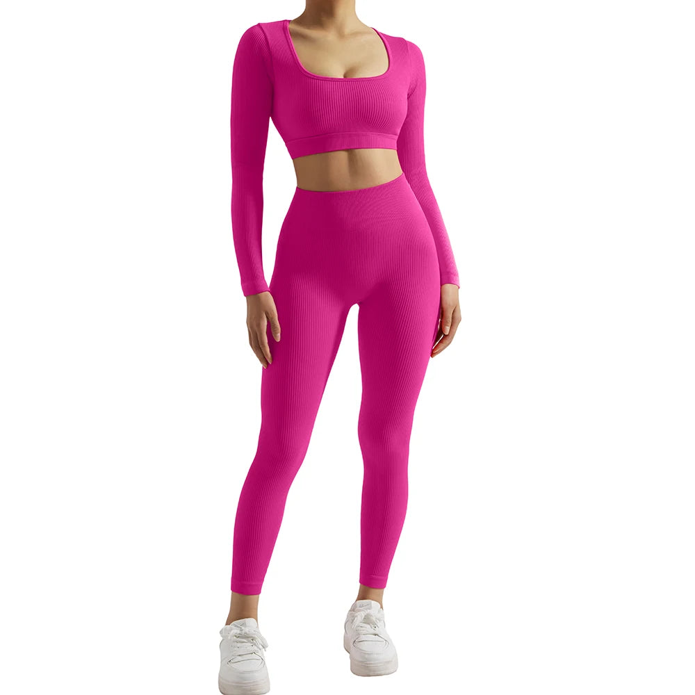 Women's 2PCS Yoga Suit Sports Set Quick-Drying Gym Set Tracksuit Running Workout Long Sleeve Sports Shirt Yoga Set Yoga Clothing