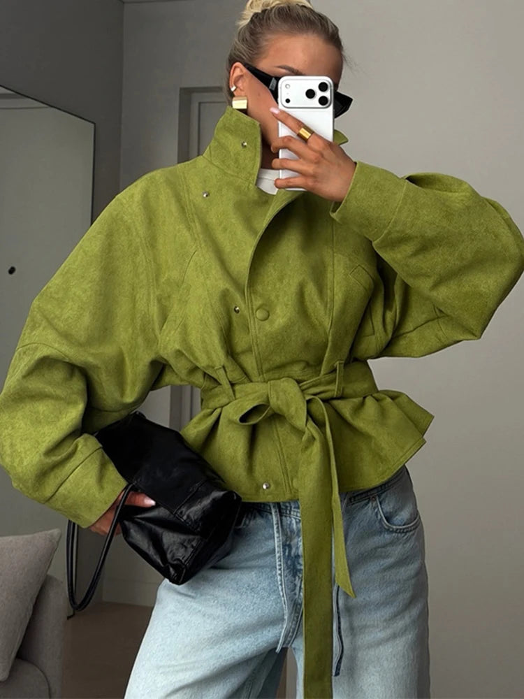New Women's Green Oversized Jacket Stand Collar Belted Waist Puff Sleeve Short Coat Casual Streetwear