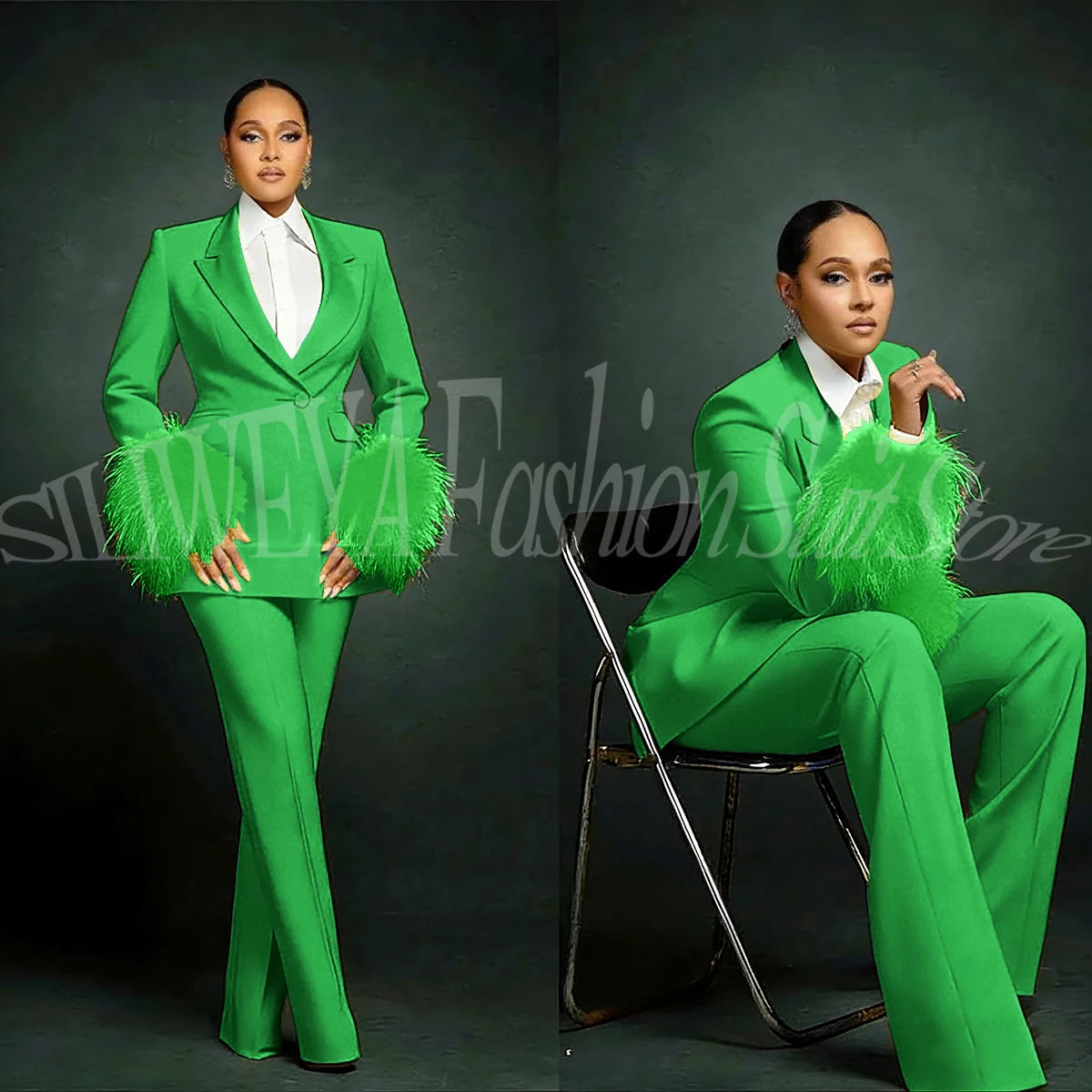 Women's  Luxury Feather Applique Single Breasted 2 Piece Suits