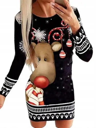 Women's Black White Snowflake Deer Pattern Dress Autumn Winter Long Sleeve Bodycon Mini Dress Elegant Red Christmas Dresses