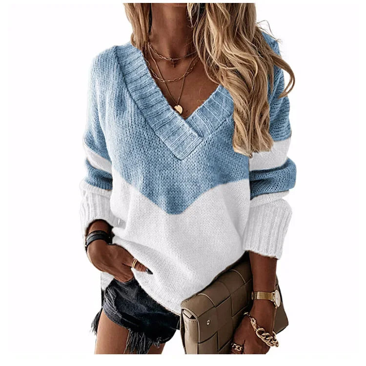 Women's Knitted V-neck Sweaters Stitching Contrast Color Long-Sleeved Knitting Top Pullover Autumn Winter Warm Female Jumper