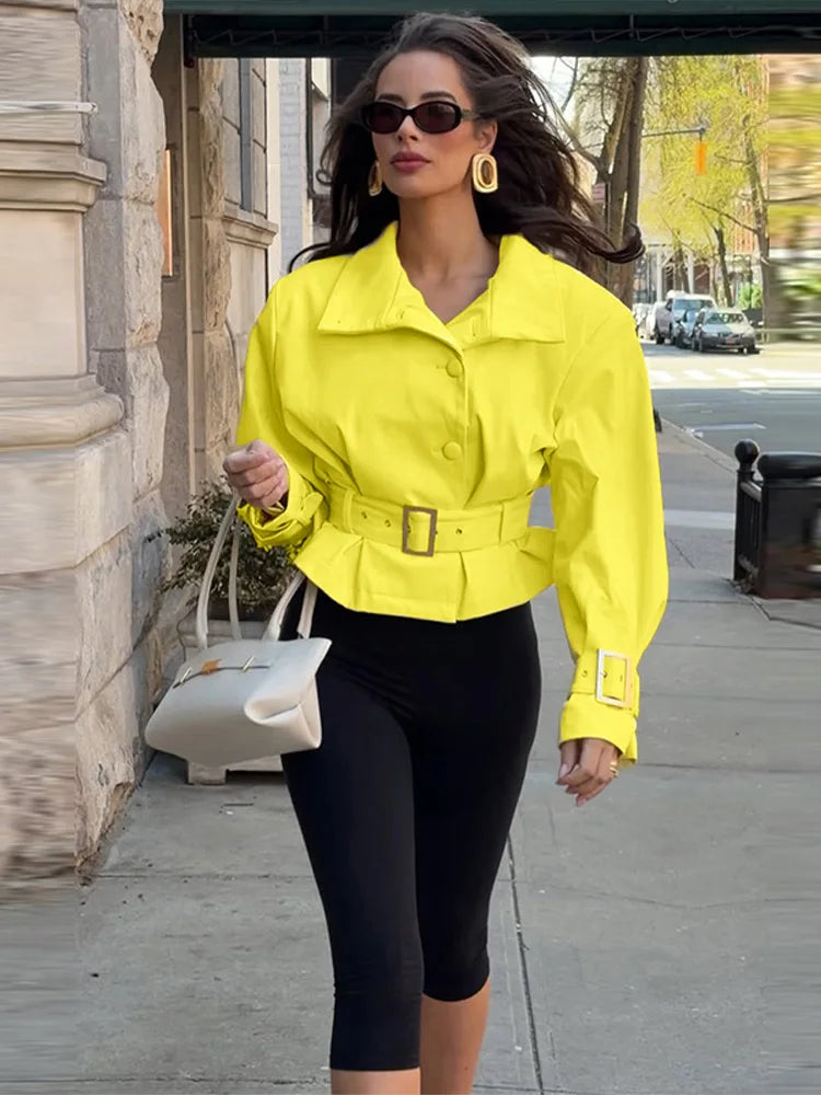 Women's Solid Colors All-match Crop Jackets High Neck Button Front Belted Waist Long Sleeve Metal Buckle Cuff Coat 2026 Autumn Chic Coats