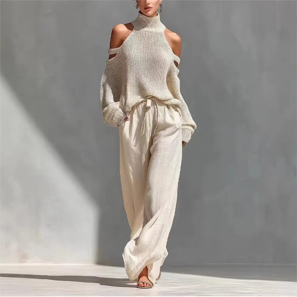 Women's Fashion High Collar Hollow Off-shoulder Women's Knitted Tops 2-piece Set Spring Casual Loose Wide-leg Trousers Female Suit