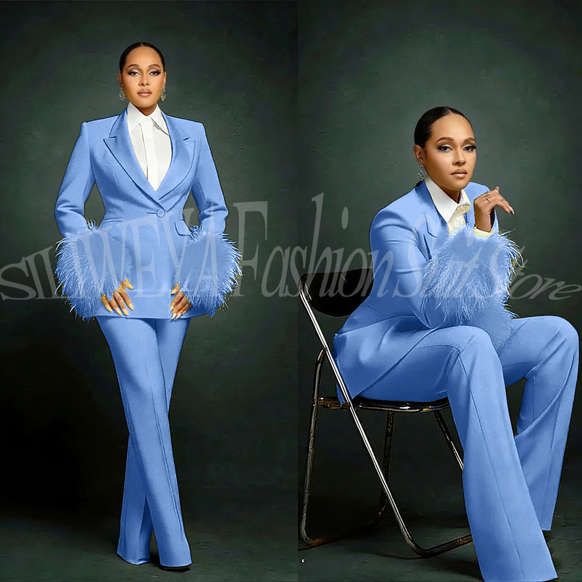Women's  Luxury Feather Applique Single Breasted 2 Piece Suits