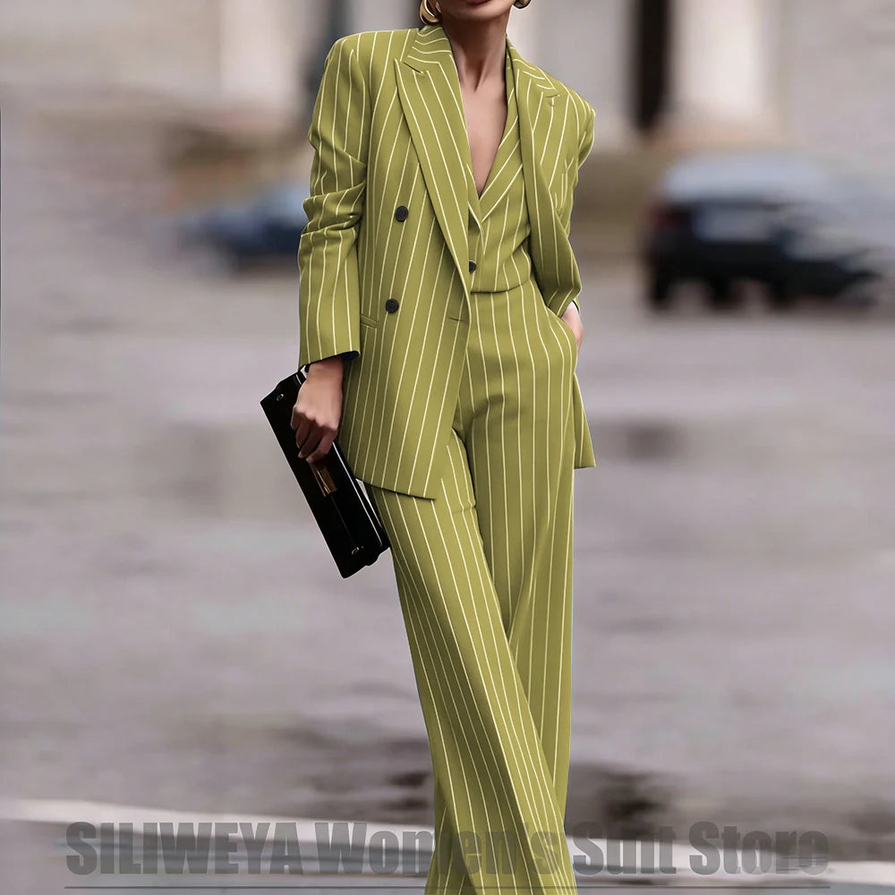 Navy Women's Double Breasted Striped 3 Piece Suits Blazer Vest Wide-Leg Pants Set Fashion Formal Party Office Casual Outfit