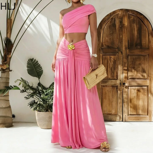 Women's Casual Off Shoulder Solid Color 2 Pieces Set Backless Crop Top + Skirt Matching