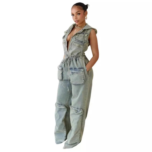 Women Vintage Casual Denim Overalls Jumpsuit Rompers Belted Pockets Jeans Long Pants