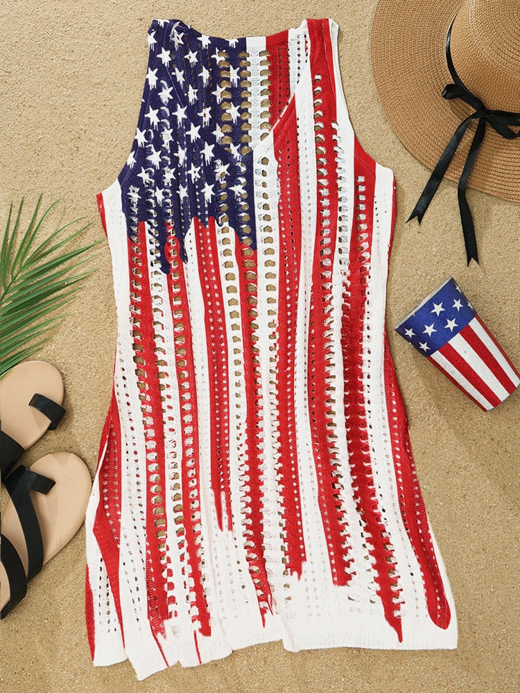 Women American Flag Hollow Out Slit Crochet Cover Up Sleeveless Tank Dress 4th of July Beach Swimwear