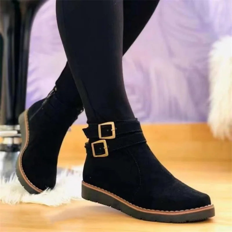 Women's New Ankle Buckle Flat Suede Snow Boots Fashion Denim British Style