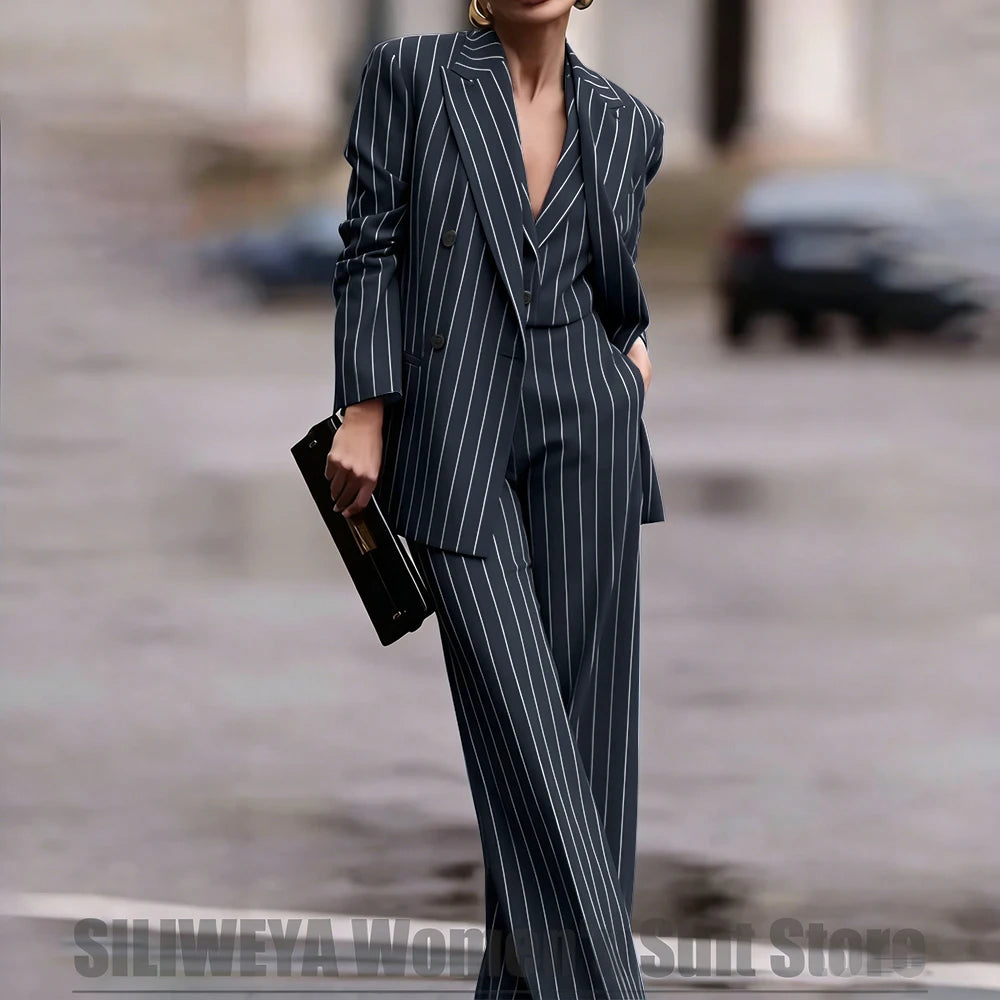Navy Women's Double Breasted Striped 3 Piece Suits Blazer Vest Wide-Leg Pants Set Fashion Formal Party Office Casual Outfit