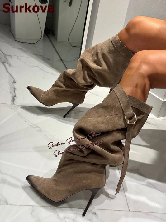 Womens Coffee Brown Suede Slouchy Knee High Boots Band Metal Ring Buckles Folded Boots Black Stiletto Heels Pointed Toe Shoes