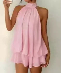 Women's Casual Halter Neck Bodycon Mini Dress for Women Mesh Sleeveless Backless Ruffle Patchwork Dresses Summer Beach  New