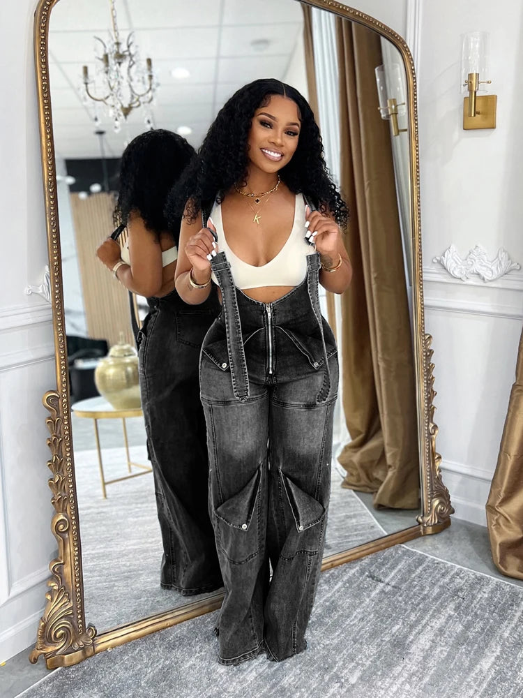 Women's Loose High Waisted Zip Denim Overalls Women Clothes Multi Pockets Cargo Jeans Trousers Casual Wide Leg Jumpsuits