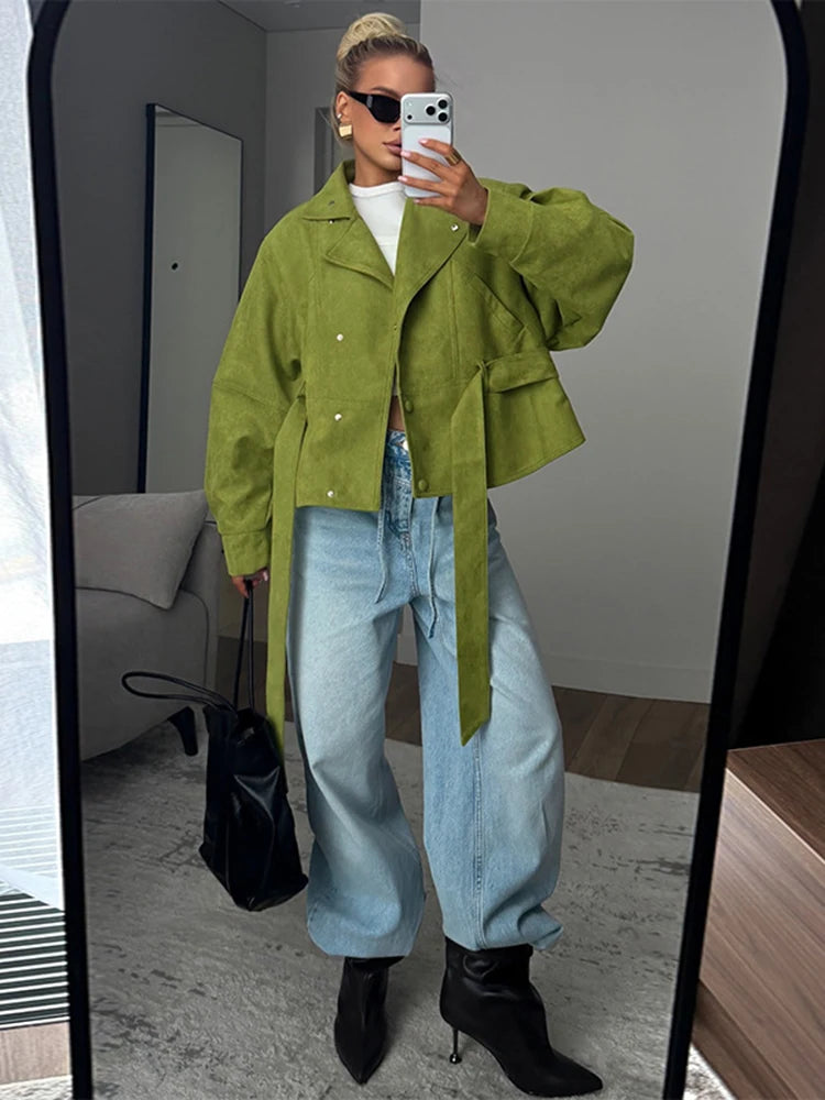 New Women's Green Oversized Jacket Stand Collar Belted Waist Puff Sleeve Short Coat Casual Streetwear