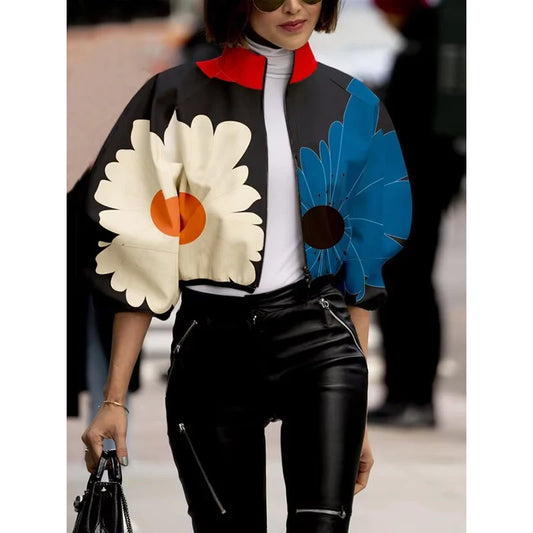 Women Autunm Flower Printed Thin Jacket Fashion Zippered Coat Stand Collar Puff Sleeve Loose Outerwear