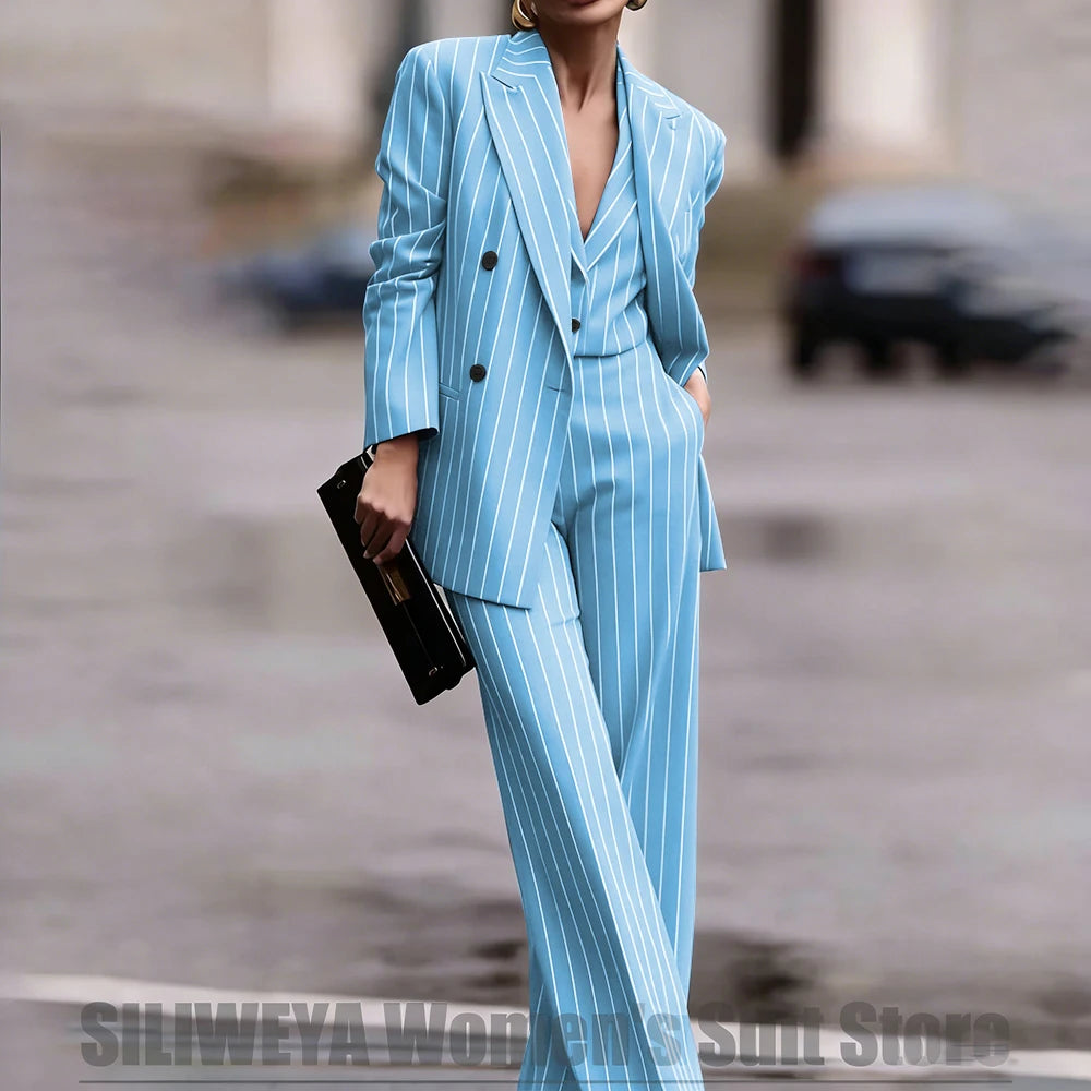 Navy Women's Double Breasted Striped 3 Piece Suits Blazer Vest Wide-Leg Pants Set Fashion Formal Party Office Casual Outfit