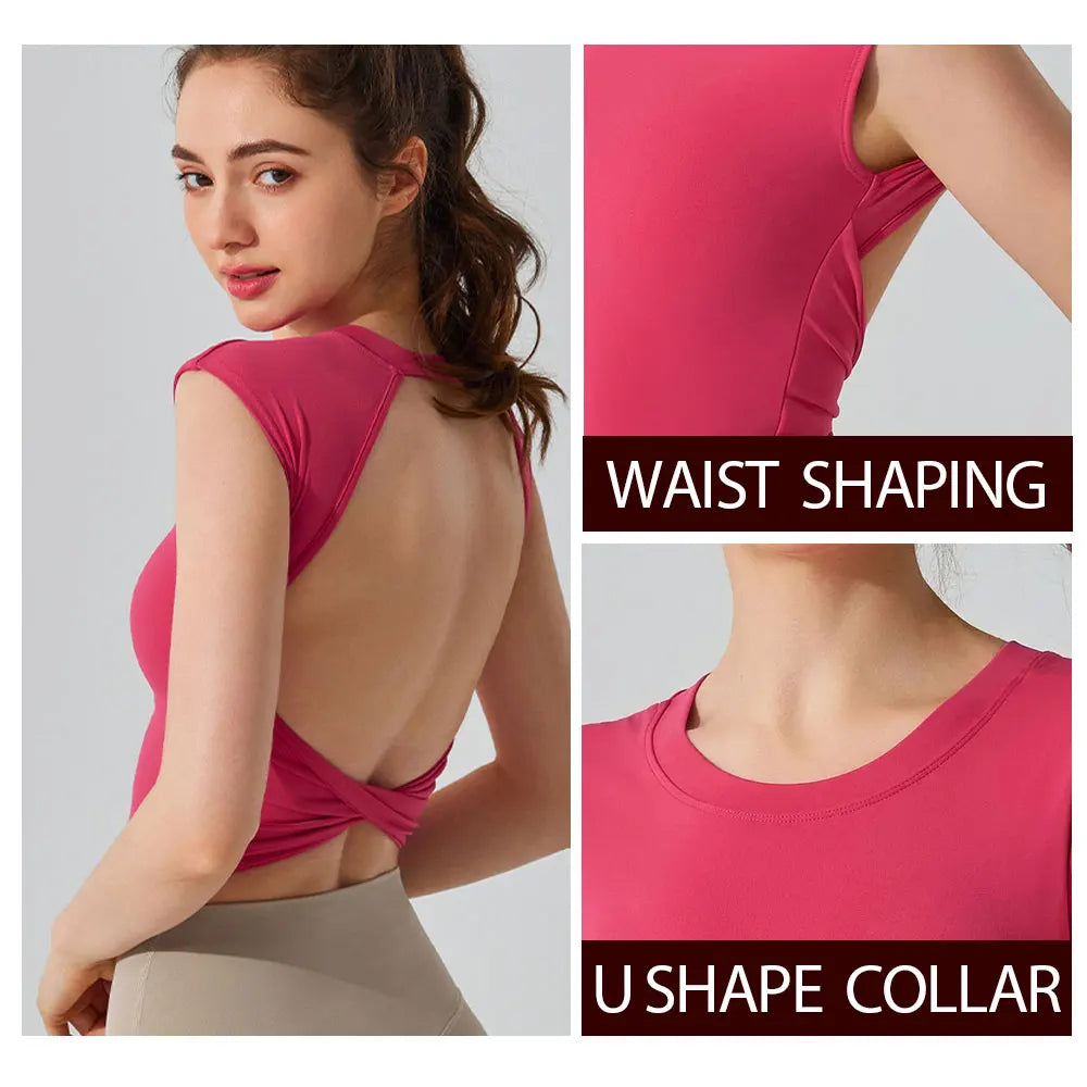 WomenSports Backless Tank Top - Slim Waist Short Sleeve Fitness Vest with Fixed Chest Pad, Yoga T-shirt for Women Workout Activewear