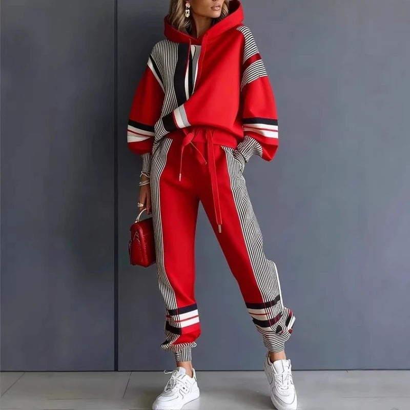 Women's Two-Piece Sport Winter Loose Fit Fashion Pant Sets Plus Size Pant Sets American Stripe Round Neck Sweatshirt and Pants Set