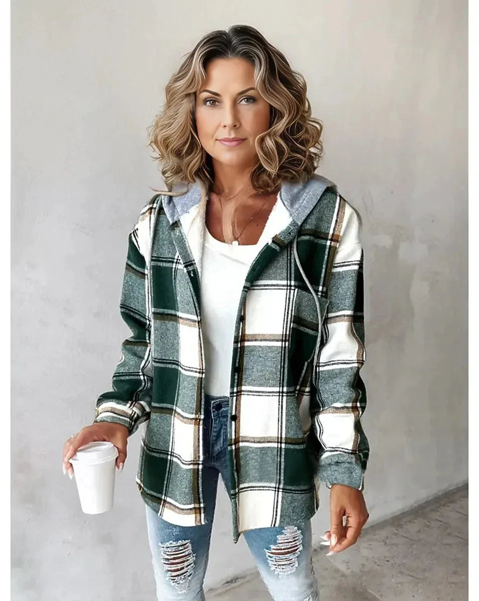 Women's Autumn Large Plaid Style Hooded Jacket With  Casual Loose Black White Plaid Coat Button Fall Top