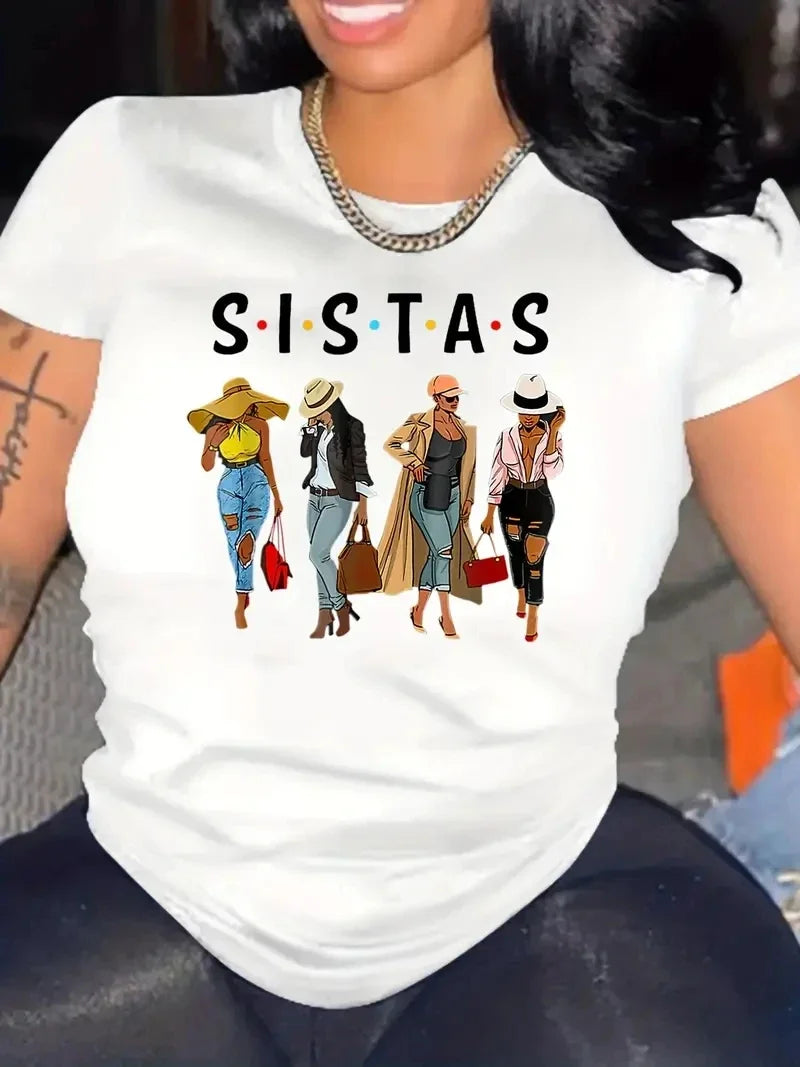 Women's round neck T-shirt Sistas printed T-shirt casual fashion short-sleeved tops