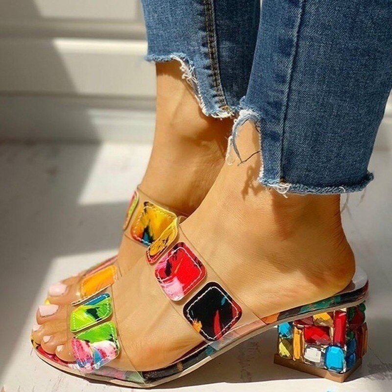 Women Sandals Square Heels Summer Peep Toe Ladies Multi Colors Heeled Outdoor Slippers