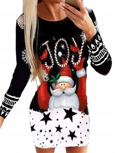Women's Black White Snowflake Deer Pattern Dress Autumn Winter Long Sleeve Bodycon Mini Dress Elegant Red Christmas Dresses