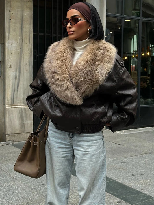 HH Vintage Women Faux Fur Patchwork Leather Jackets Fashion Female Detachable Fur Collar Double Breasted Winter Warm Street Coat