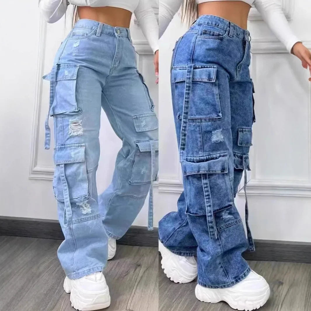 Women's New Casual Fashion Workwear Denim High Waist Multi Pocket Loose Fit Jeans Versatile plus Size