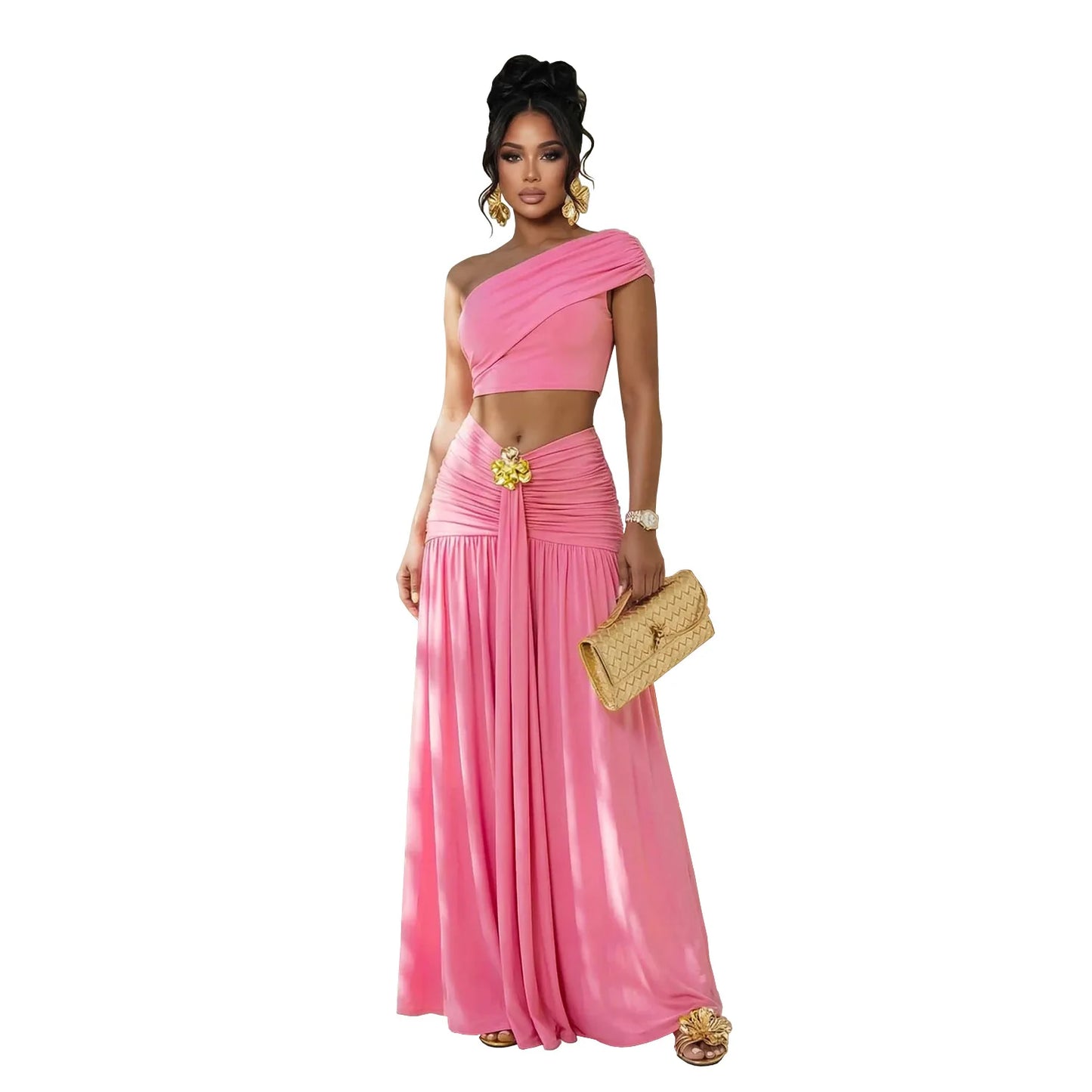 Women's Casual Off Shoulder Solid Color 2 Pieces Set Backless Crop Top + Skirt Matching