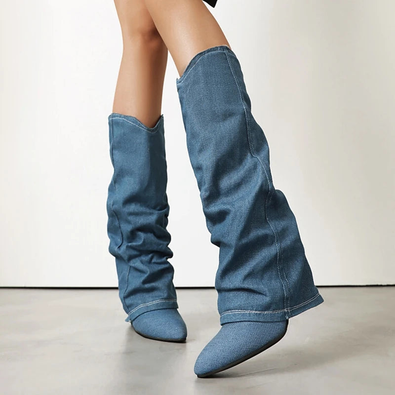 Women's New Fashion Denim Western Cowboy Boots Pointed Toe 8.5cm Block Heels Pants Shoes Blue