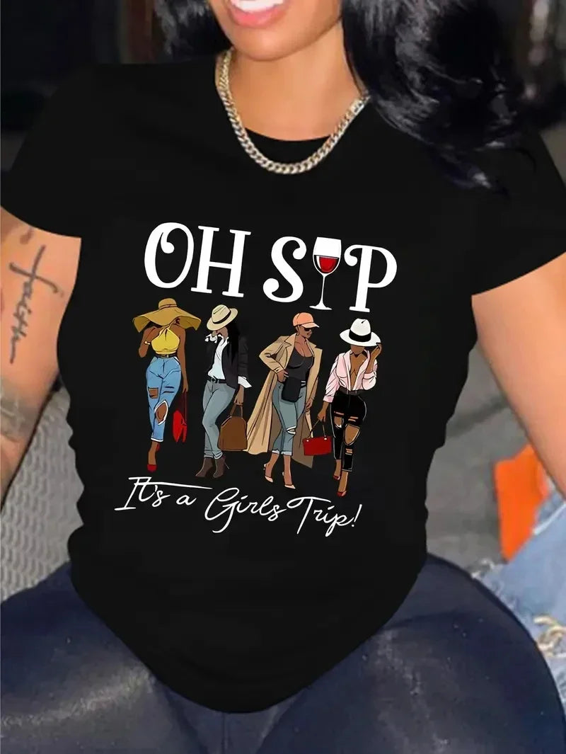 Women's round neck T-shirt Sistas printed T-shirt casual fashion short-sleeved tops