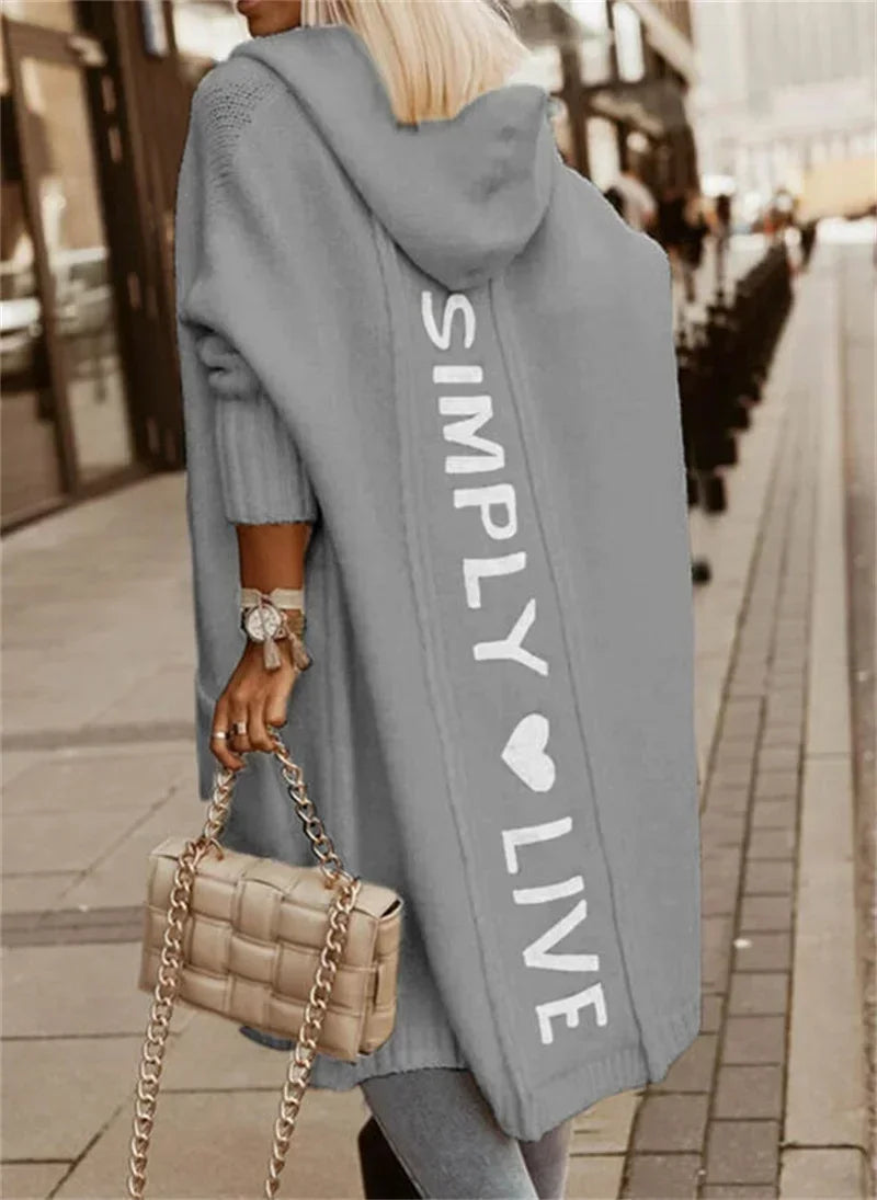 Women Autumn Long Hooded Cardigan Sweater Solid Color Back Alphabet Jumpers Warm Woven Tops