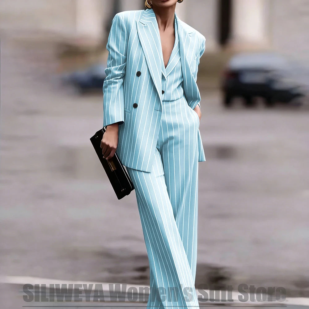Navy Women's Double Breasted Striped 3 Piece Suits Blazer Vest Wide-Leg Pants Set Fashion Formal Party Office Casual Outfit