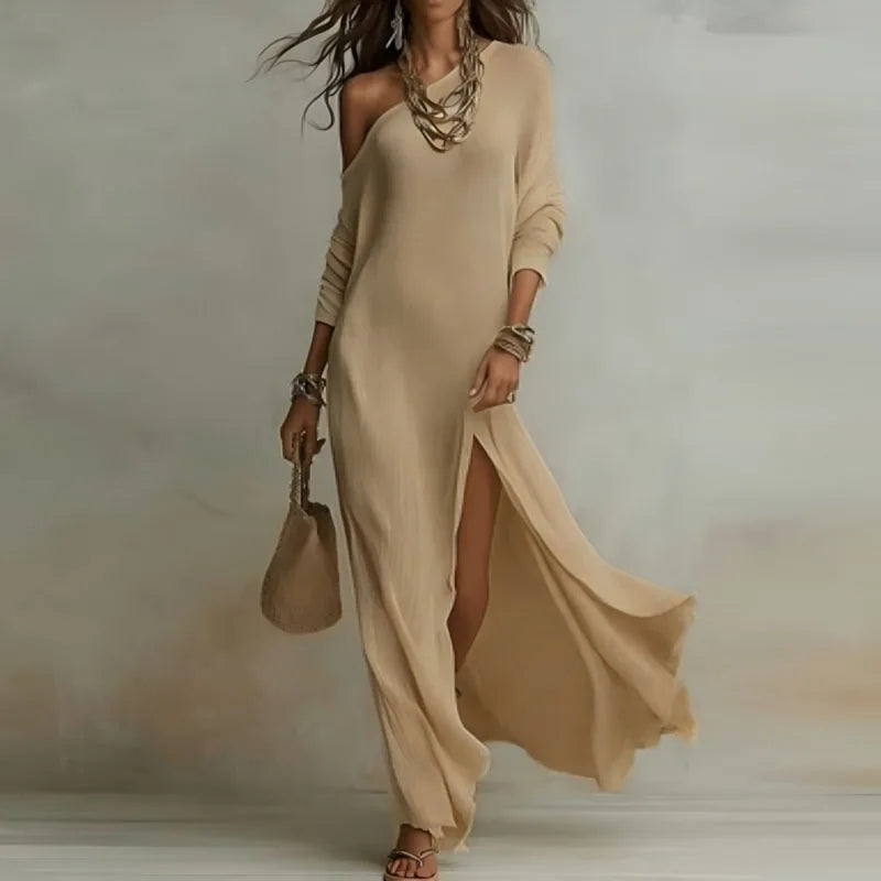 Woman Spring One Shoulder Long Sleeve Dress Skew Collar Split Bohemian Dress Elegant Solid Slim Casual Maxi Dresses