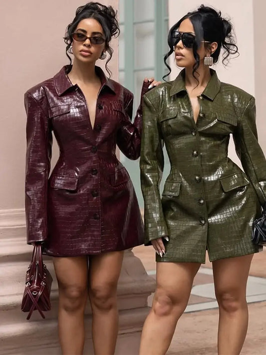 Women's New Leather Blazer Mini Dress Chic Lapel Long Sleeve Pockets Suit Jacket Lady Chic Single Breasted Outwear