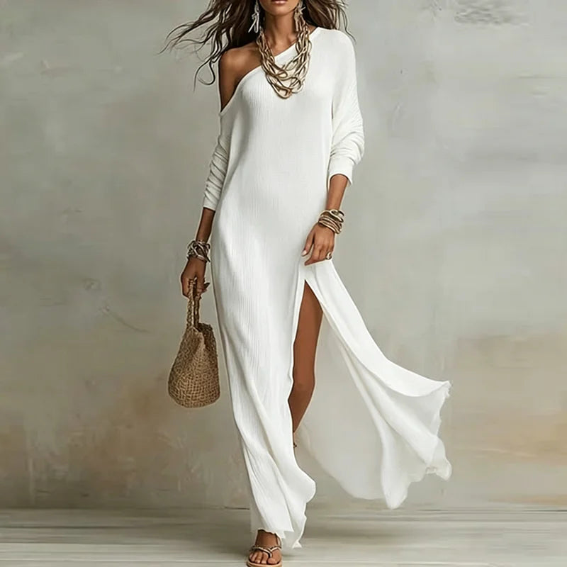 Woman Spring One Shoulder Long Sleeve Dress Skew Collar Split Bohemian Dress Elegant Solid Slim Casual Maxi Dresses