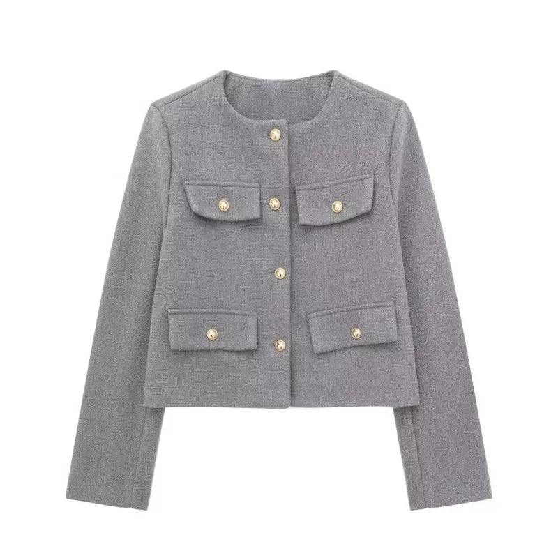 Women's Autumn/Winter Vintage Jackets crew neck gold button flip pocket embellishment short coat