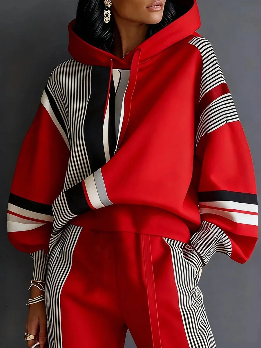 Women's Two-Piece Sport Winter Loose Fit Fashion Pant Sets Plus Size Pant Sets American Stripe Round Neck Sweatshirt and Pants Set