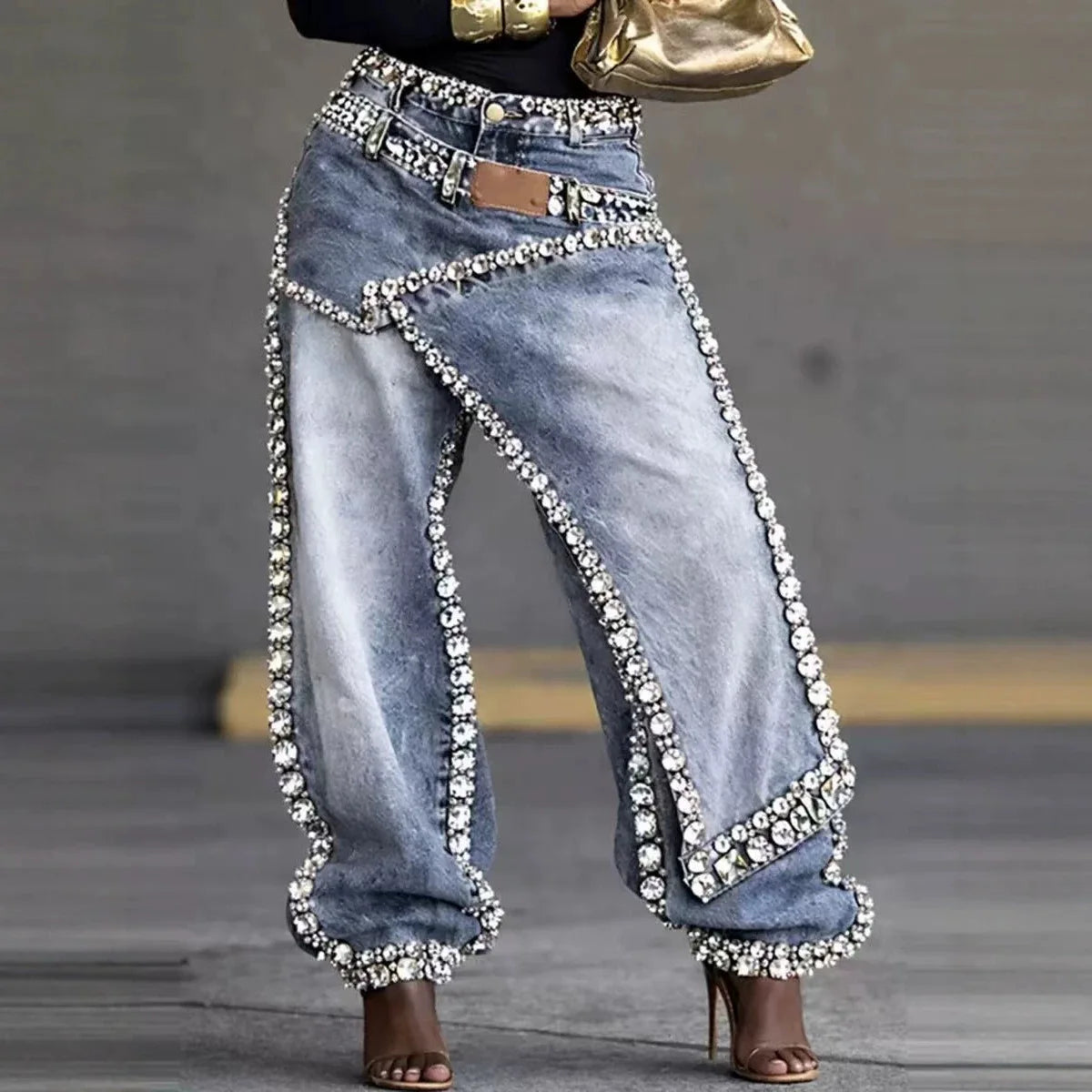 Women Wide Leg Rhinestone Denims Jeans Distressed Washed Full Length Vintage Asymmetrical Trousers Y2k Streetwear 2026