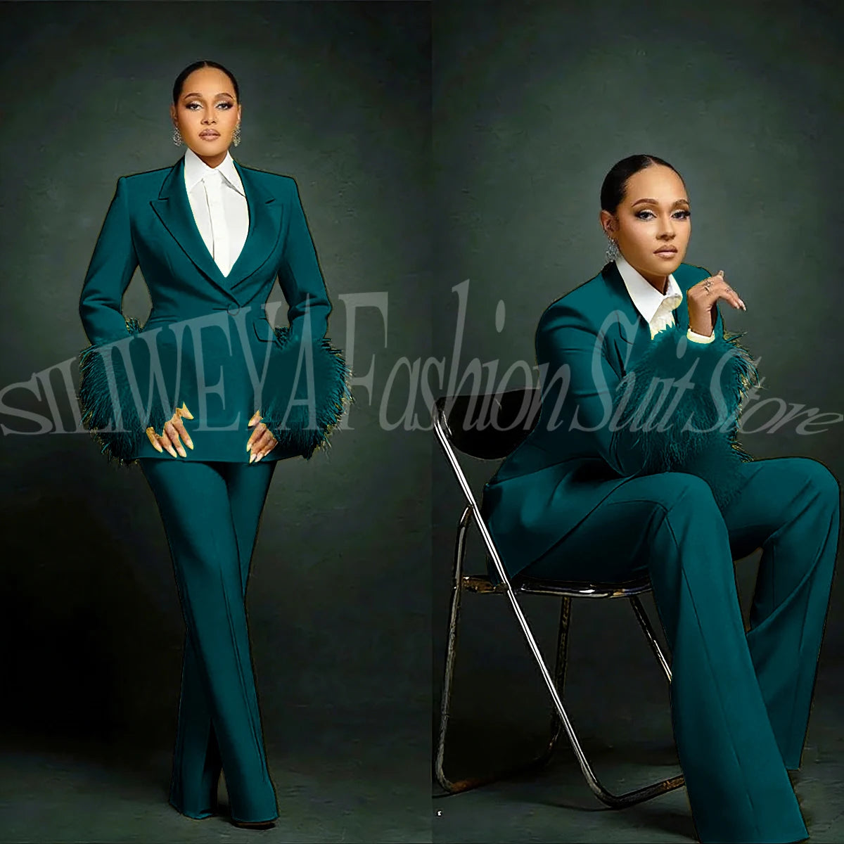 Women's  Luxury Feather Applique Single Breasted 2 Piece Suits