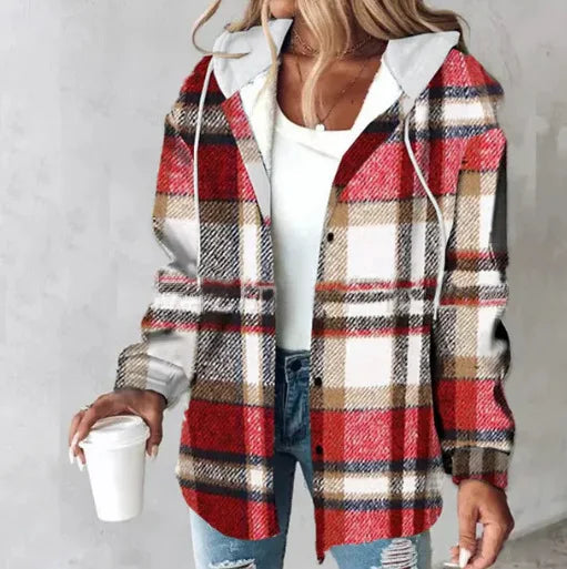 Women's Autumn Large Plaid Style Hooded Jacket With  Casual Loose Black White Plaid Coat Button Fall Top