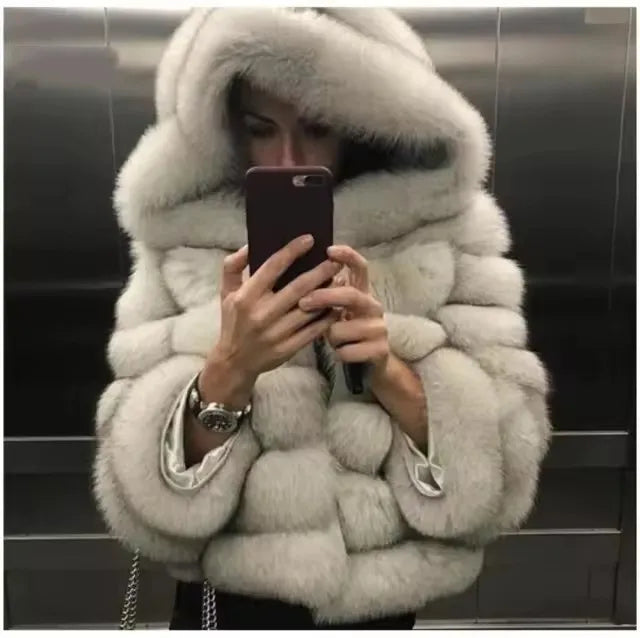 Women's Winter Fashion Hooded Fox Fur Jackets Loose Long Sleeves Female Eco Fur Coat Patchwork Plush Thick Lady Fur Coat
