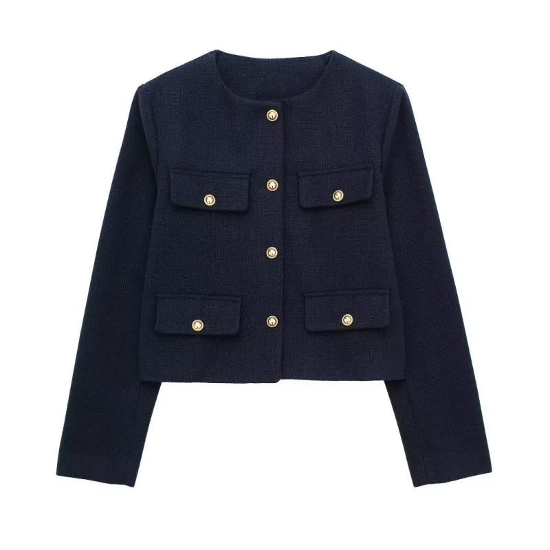 Women's Autumn/Winter Vintage Jackets crew neck gold button flip pocket embellishment short coat